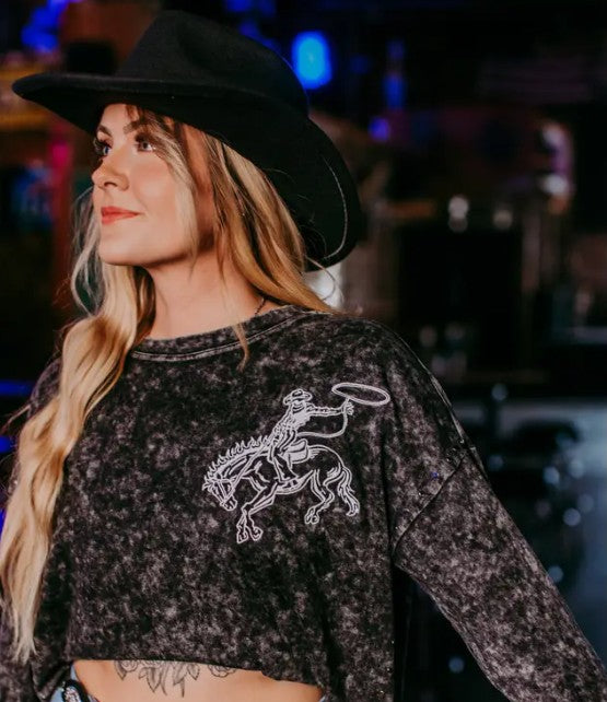 Acid Washed Embroidery Studded LS Crop Sweatshirt-160 Sweatshirts- Simply Simpson's Boutique is a Women's Online Fashion Boutique Located in Jupiter, Florida