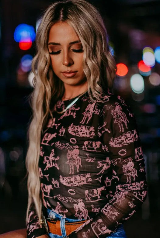 Western Scene 3D Print Mesh Top-110 Long Sleeves- Simply Simpson's Boutique is a Women's Online Fashion Boutique Located in Jupiter, Florida