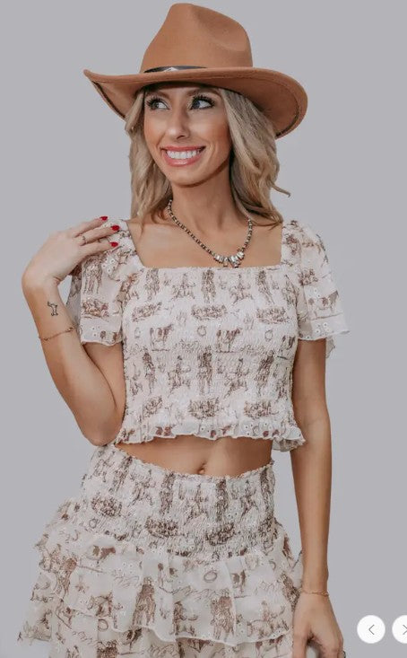 Western Scene Two Piece Skort Set-100 Short Sleeves- Simply Simpson's Boutique is a Women's Online Fashion Boutique Located in Jupiter, Florida
