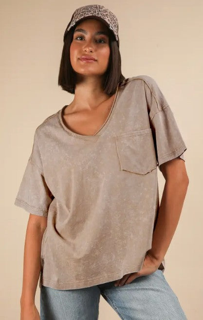 Taupe Mineral Wash V-Neck Knit Top-100 Short Sleeves- Simply Simpson's Boutique is a Women's Online Fashion Boutique Located in Jupiter, Florida