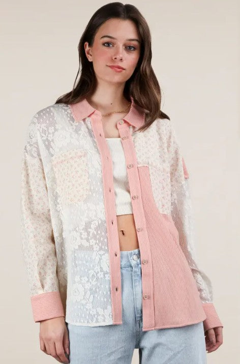 Blush Contrast Ribbed Knit & Lace Shacket-180 Outerwear/Jackets- Simply Simpson's Boutique is a Women's Online Fashion Boutique Located in Jupiter, Florida