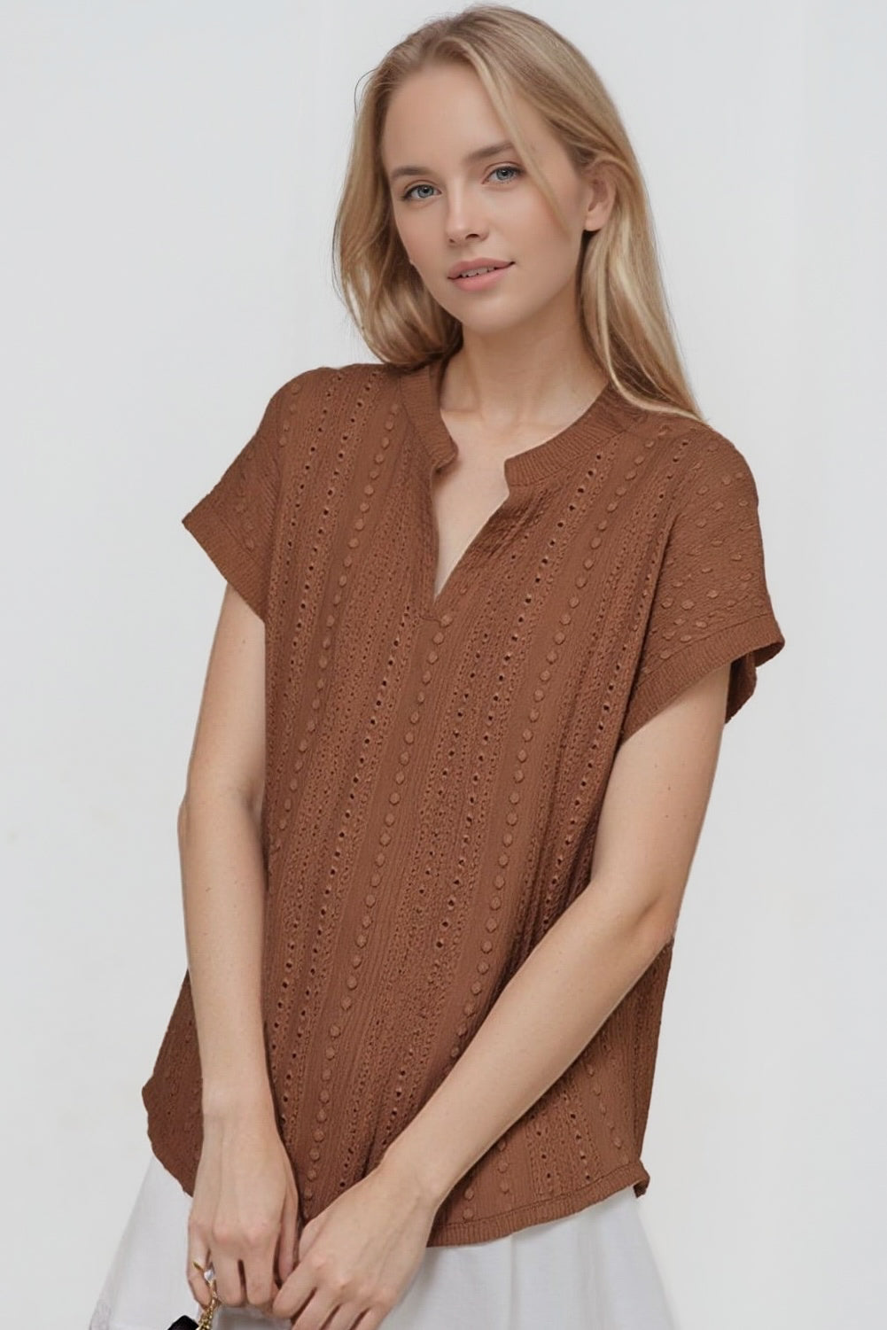 Brown Eyelet Short Sleeve V Neck-100 Short Sleeves- Simply Simpson's Boutique is a Women's Online Fashion Boutique Located in Jupiter, Florida