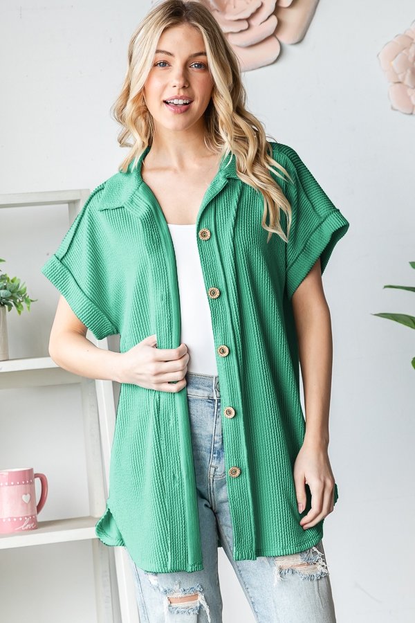 Short Sleeve Green Ribbed Button Down-100 Short Sleeves- Simply Simpson's Boutique is a Women's Online Fashion Boutique Located in Jupiter, Florida