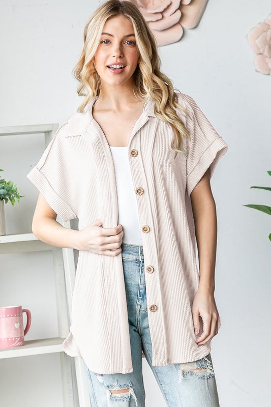 Short Sleeve Oatmeal Ribbed Button Down-100 Short Sleeves- Simply Simpson's Boutique is a Women's Online Fashion Boutique Located in Jupiter, Florida