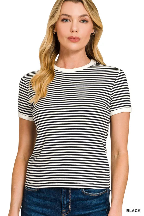 Black Stripped Contrast Trim Tee- Simply Simpson's Boutique is a Women's Online Fashion Boutique Located in Jupiter, Florida