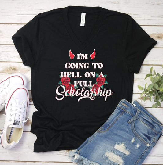 GOING TO HELL ON A FULL SCHOLARSHIP-Graphic Tee- Simply Simpson's Boutique is a Women's Online Fashion Boutique Located in Jupiter, Florida