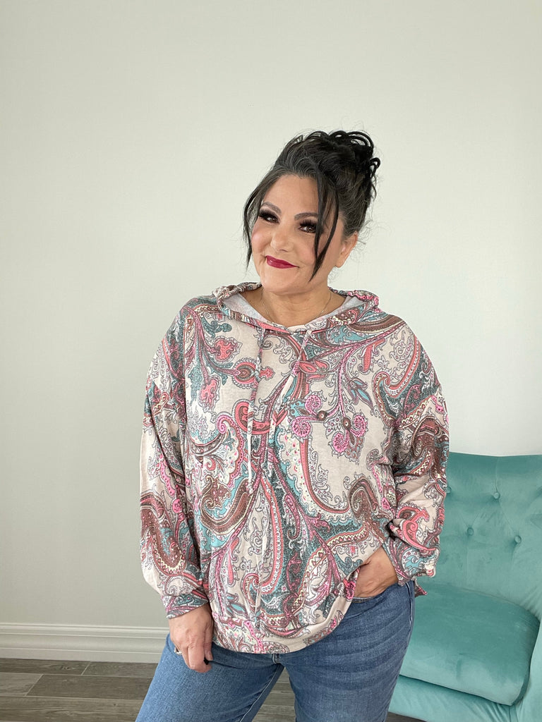 Dear Scarlett Pink Mocha Paisley Hoodie-110 Long Sleeves- Simply Simpson's Boutique is a Women's Online Fashion Boutique Located in Jupiter, Florida