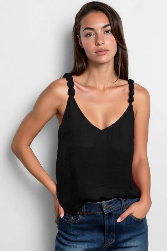 Melody Black Vneck Tank with Strap Accent- Simply Simpson's Boutique is a Women's Online Fashion Boutique Located in Jupiter, Florida