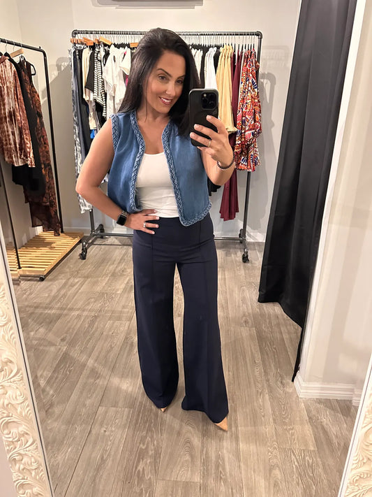 Fellcity Braided Denim Short Vest- Simply Simpson's Boutique is a Women's Online Fashion Boutique Located in Jupiter, Florida