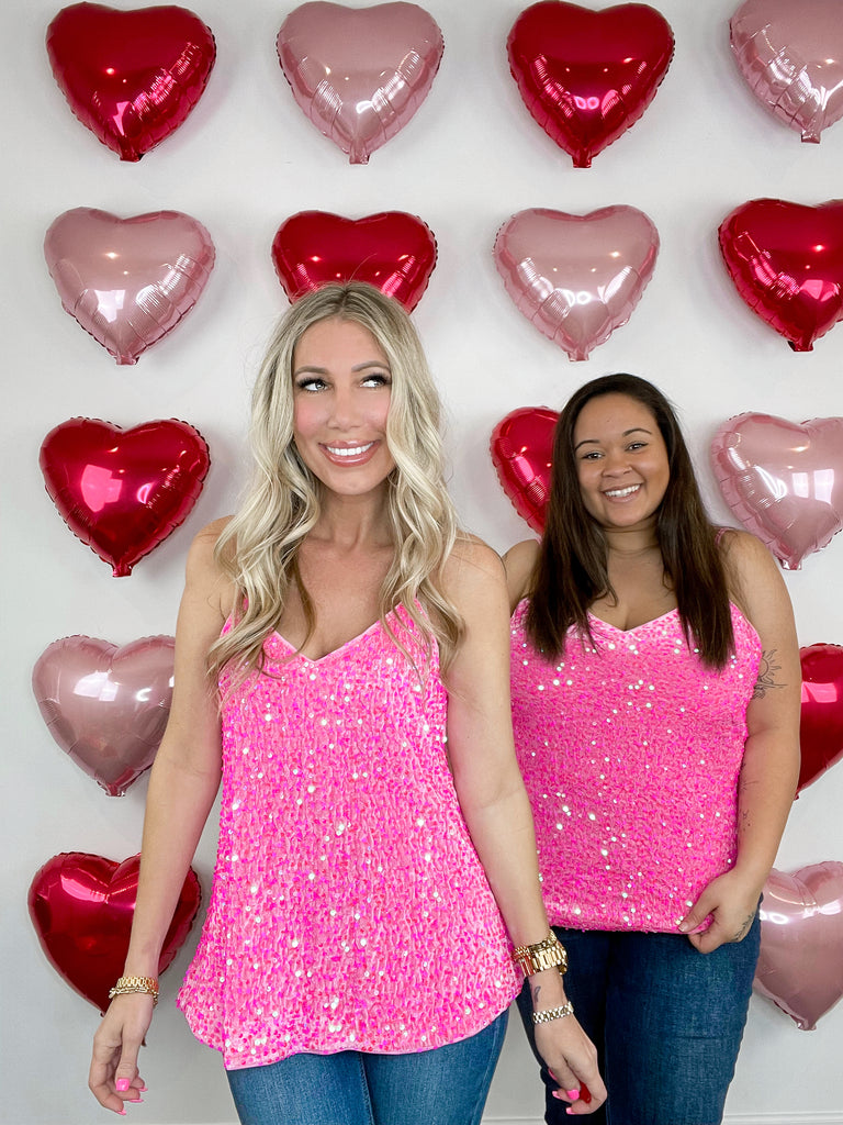 Pink Sequin Tank Top W/ Adjustable Straps-120 Sleeveless- Simply Simpson's Boutique is a Women's Online Fashion Boutique Located in Jupiter, Florida