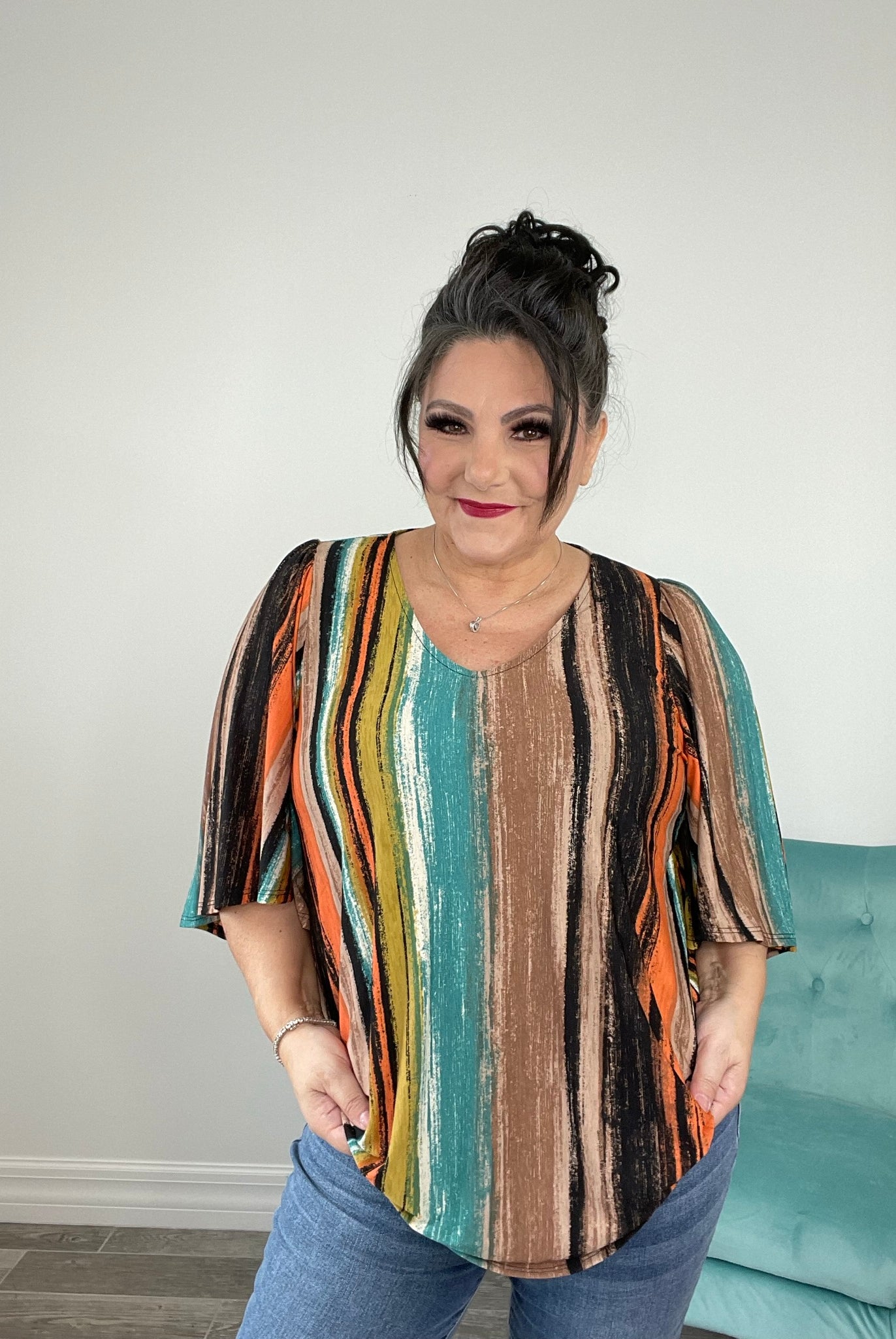 Dear Scarlett Multi Earth Tone Drape Sleeve Top-100 Short Sleeves- Simply Simpson's Boutique is a Women's Online Fashion Boutique Located in Jupiter, Florida