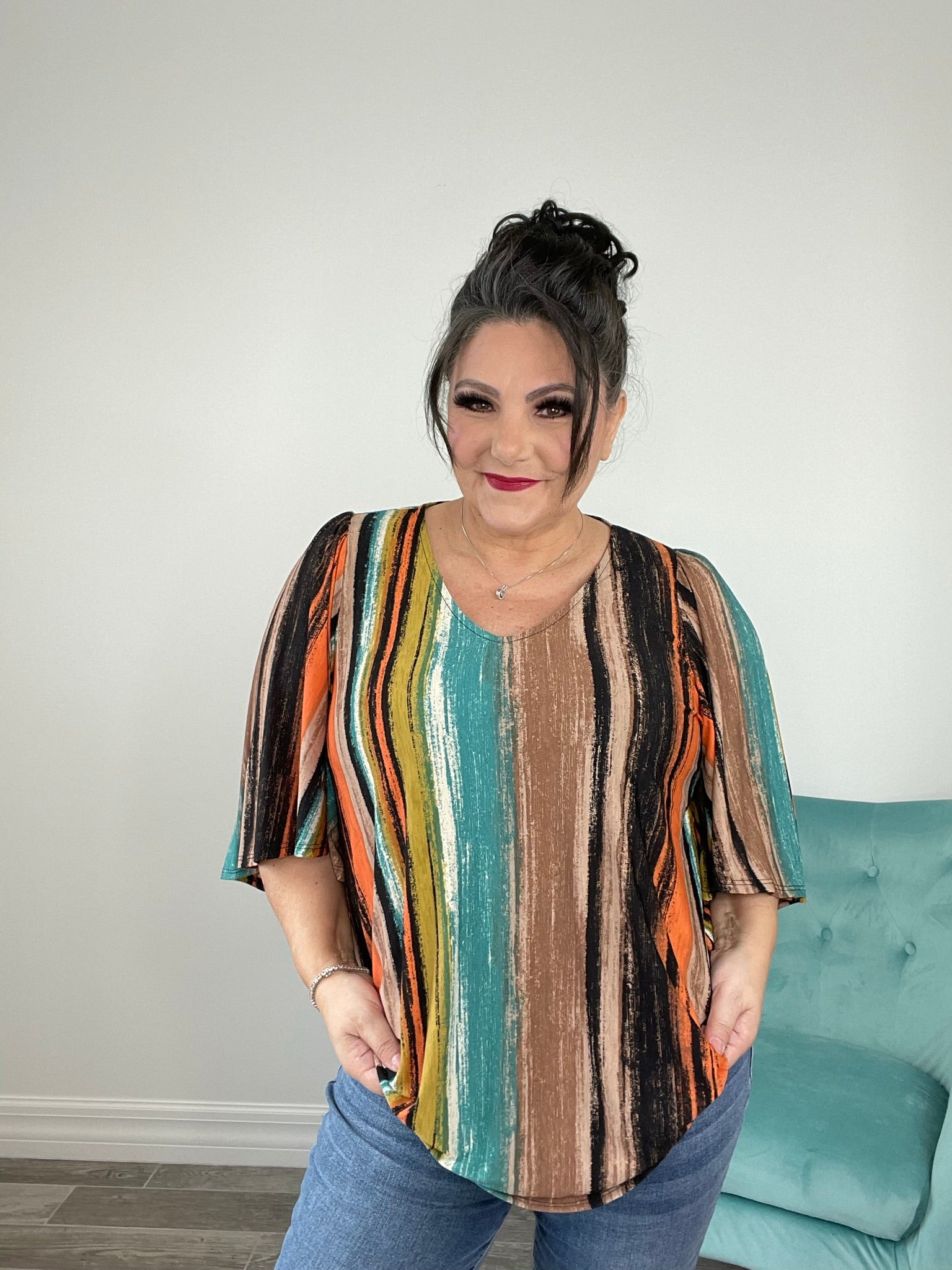 Dear Scarlett Multi Earth Tone Drape Sleeve Top-100 Short Sleeves- Simply Simpson's Boutique is a Women's Online Fashion Boutique Located in Jupiter, Florida