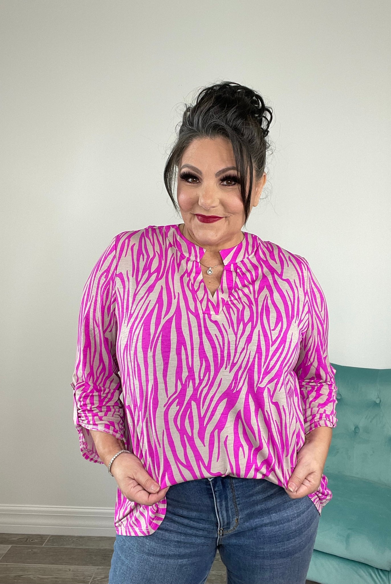 Dear Scarlett Grey Pink Zebra Print Lizzy-110 Long Sleeves- Simply Simpson's Boutique is a Women's Online Fashion Boutique Located in Jupiter, Florida