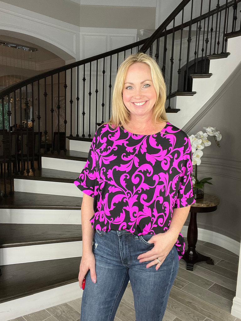 Dear Scarlett Pink Damask Boyfriend Top-100 Short Sleeves- Simply Simpson's Boutique is a Women's Online Fashion Boutique Located in Jupiter, Florida