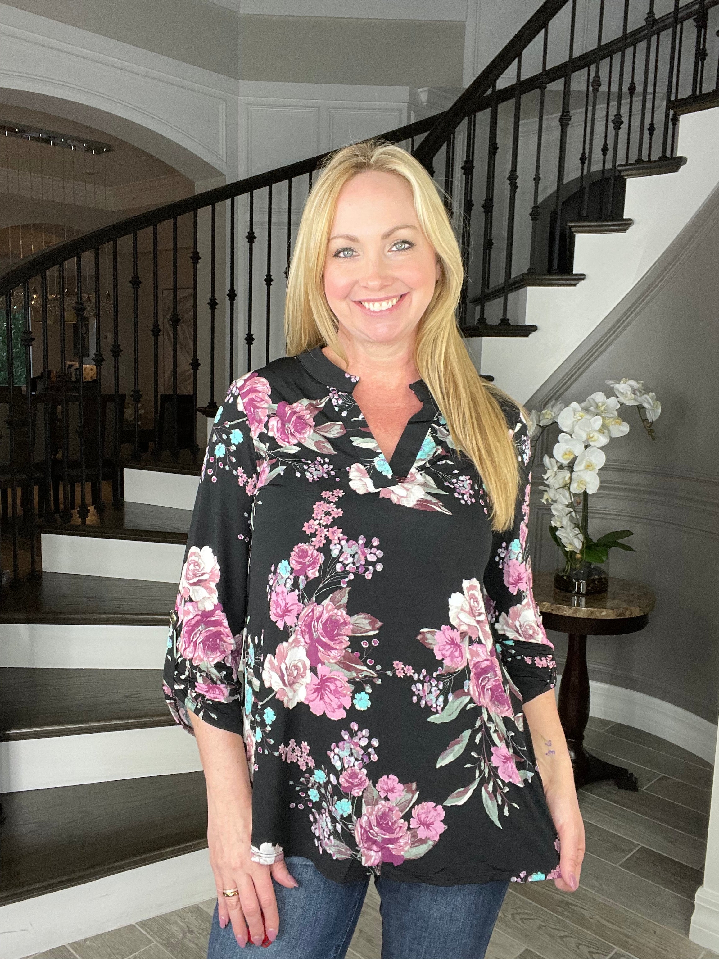 Dear Scarlett Black Floral Lizzy-110 Long Sleeves- Simply Simpson's Boutique is a Women's Online Fashion Boutique Located in Jupiter, Florida