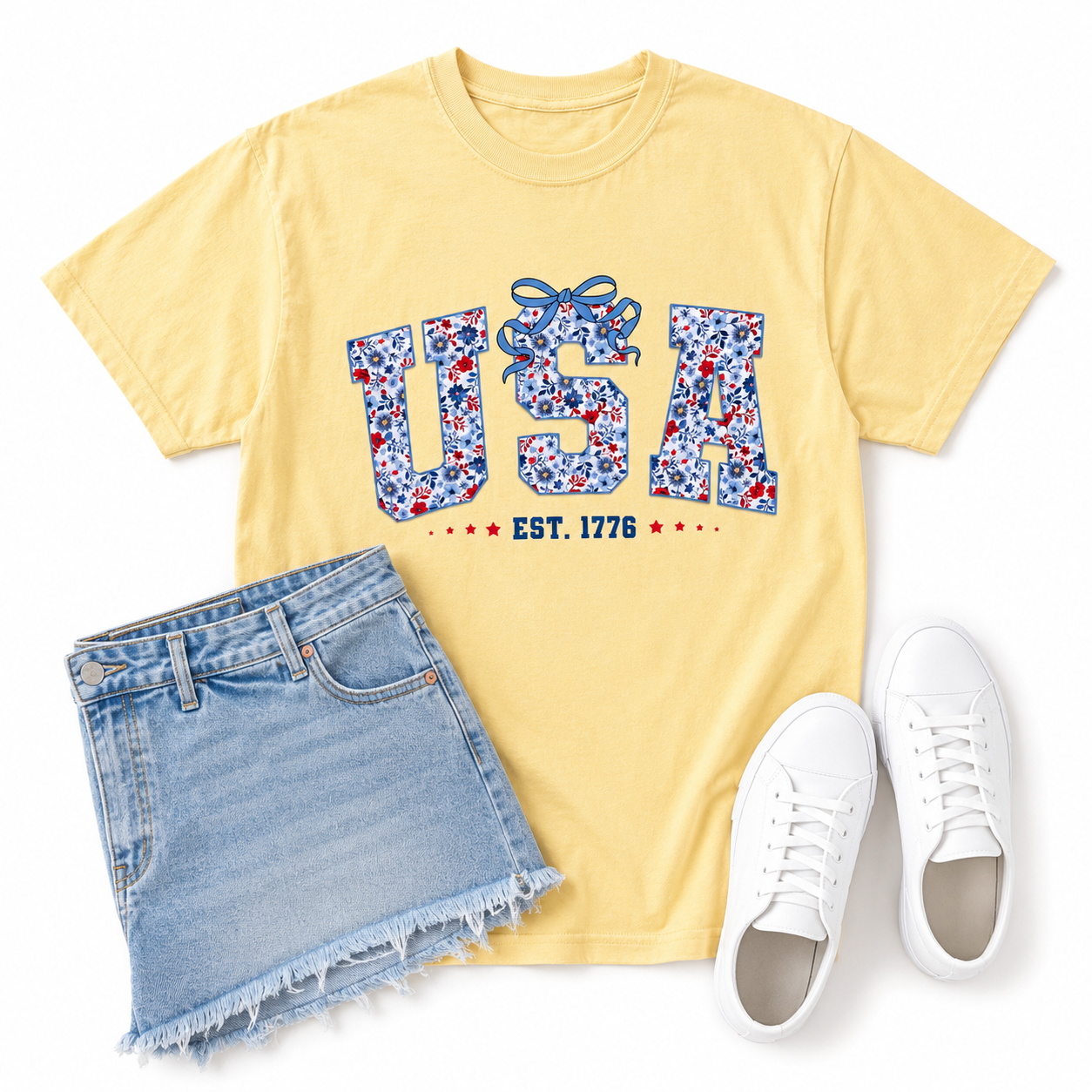 Preorder Coquette Floral USA Yellow Graphic Tee-140 Graphic Tees- Simply Simpson's Boutique is a Women's Online Fashion Boutique Located in Jupiter, Florida
