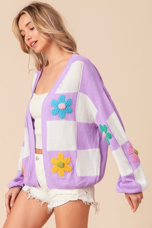 BiBi Crochet Flower Checker Long Sleeve Sweater Cardigan-170 Cardigans- Simply Simpson's Boutique is a Women's Online Fashion Boutique Located in Jupiter, Florida