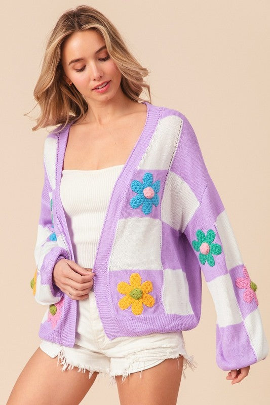 BiBi Crochet Flower Checker Long Sleeve Sweater Cardigan-170 Cardigans- Simply Simpson's Boutique is a Women's Online Fashion Boutique Located in Jupiter, Florida