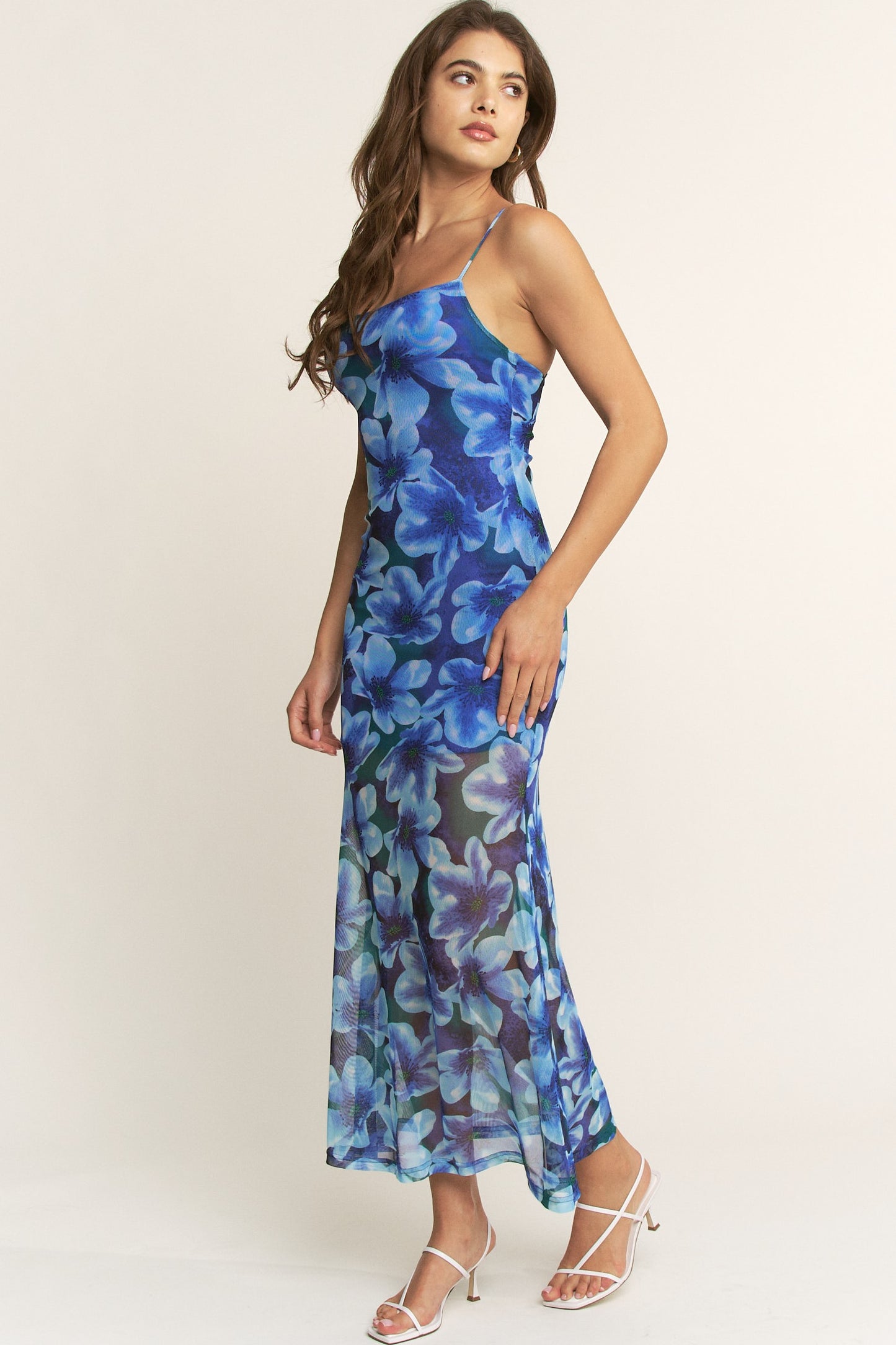 Blue Presley Mesh Floral Print Dress-240 Dresses- Simply Simpson's Boutique is a Women's Online Fashion Boutique Located in Jupiter, Florida