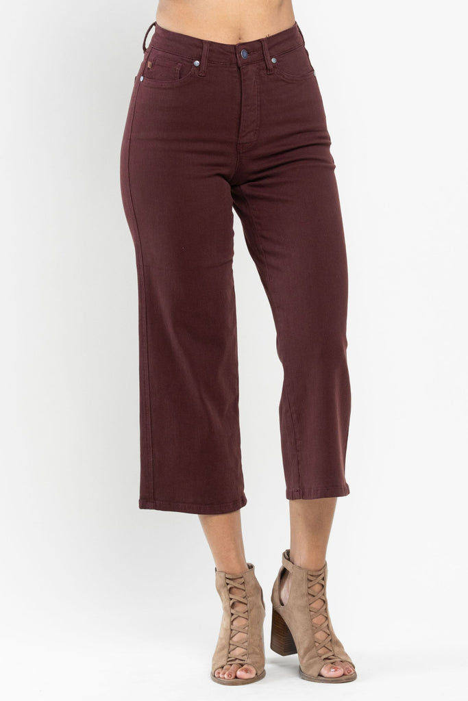 Judy Blue Tummy Control Dark Wine Cropped Wide Leg Jeans-200 Jeans- Simply Simpson's Boutique is a Women's Online Fashion Boutique Located in Jupiter, Florida