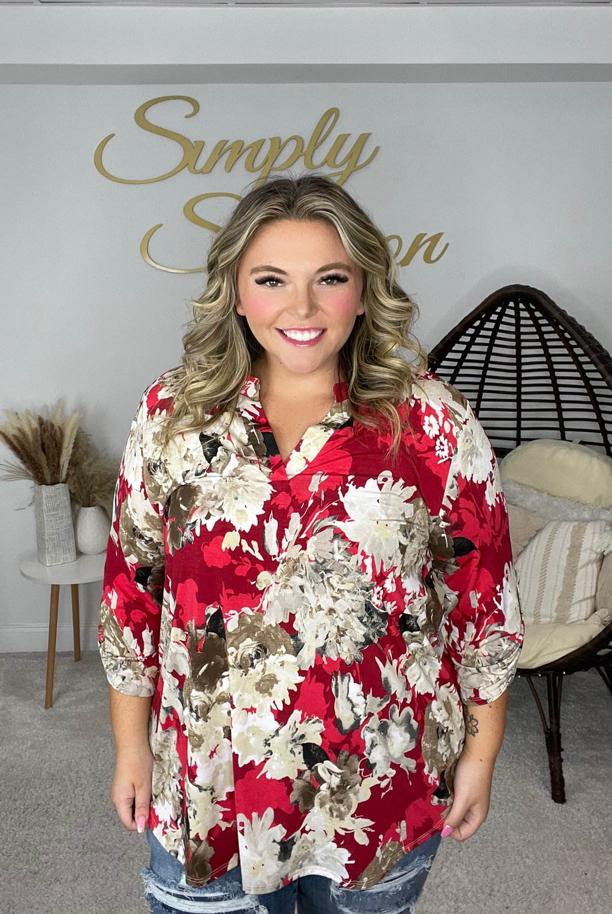 Dear Scarlett Red Floral Lizzy-100 Short Sleeves- Simply Simpson's Boutique is a Women's Online Fashion Boutique Located in Jupiter, Florida