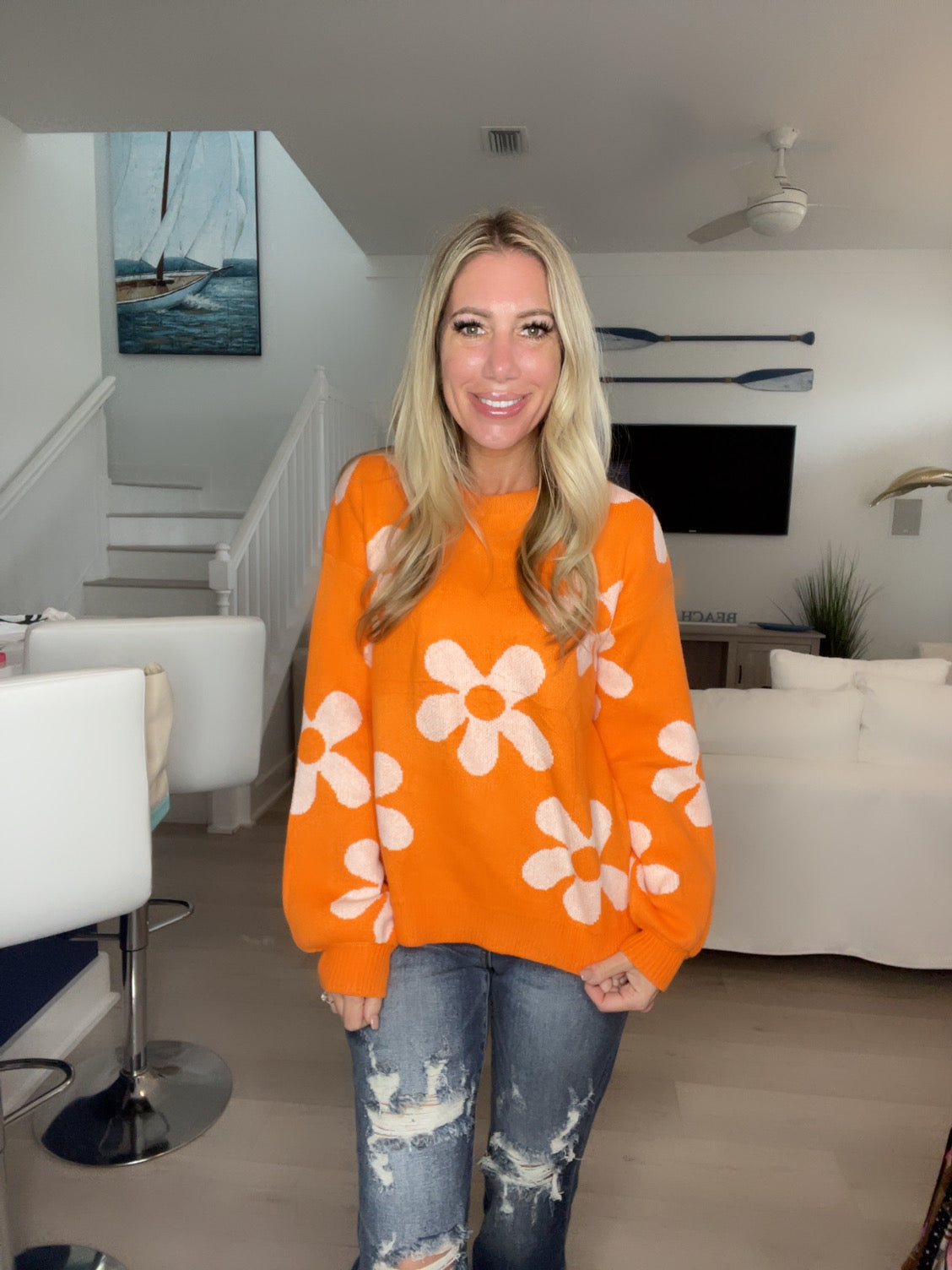 Retro Daisy Print Sweaters-110 Long Sleeves- Simply Simpson's Boutique is a Women's Online Fashion Boutique Located in Jupiter, Florida