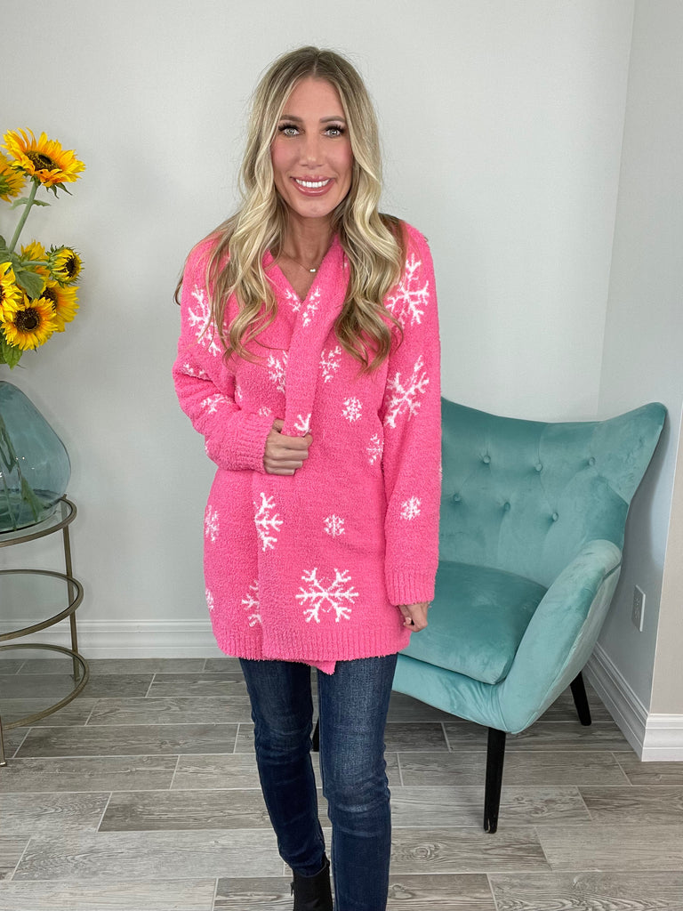 Pink Snowflake Reversible Cloud Cardigan-170 Cardigans- Simply Simpson's Boutique is a Women's Online Fashion Boutique Located in Jupiter, Florida