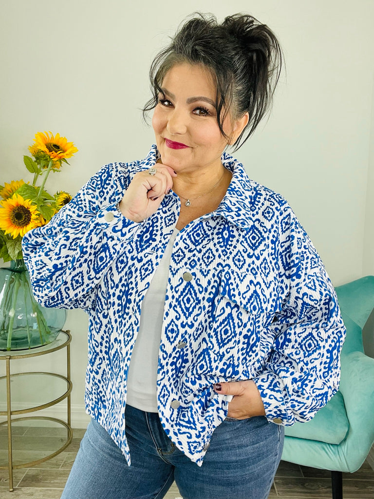 Royal Blue & White Print Jacket-Jackets- Simply Simpson's Boutique is a Women's Online Fashion Boutique Located in Jupiter, Florida