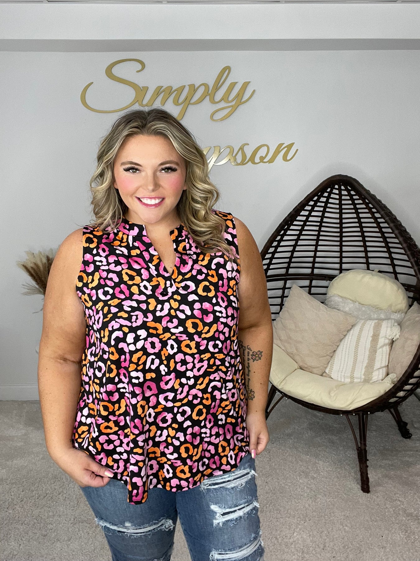 Dear Scarlett Pink/Orange Cheetah Sleeveless Lizzy-100 Short Sleeves- Simply Simpson's Boutique is a Women's Online Fashion Boutique Located in Jupiter, Florida