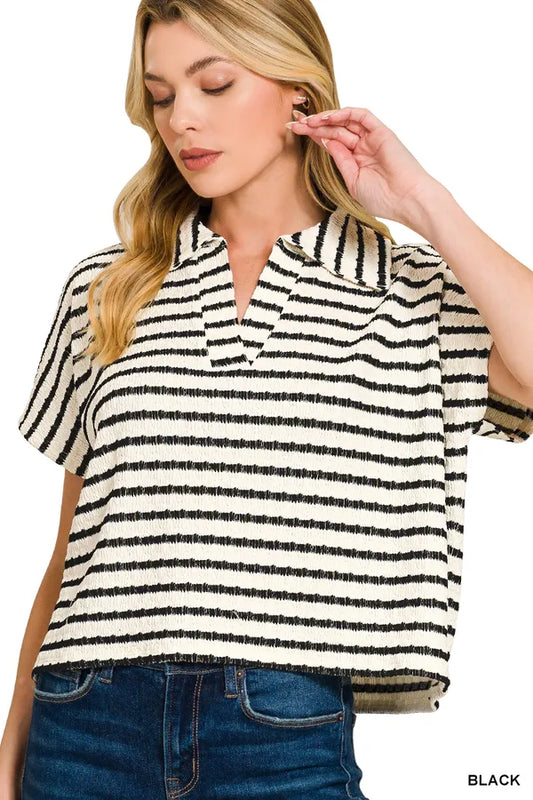 Black Stripped Collared Top- Simply Simpson's Boutique is a Women's Online Fashion Boutique Located in Jupiter, Florida