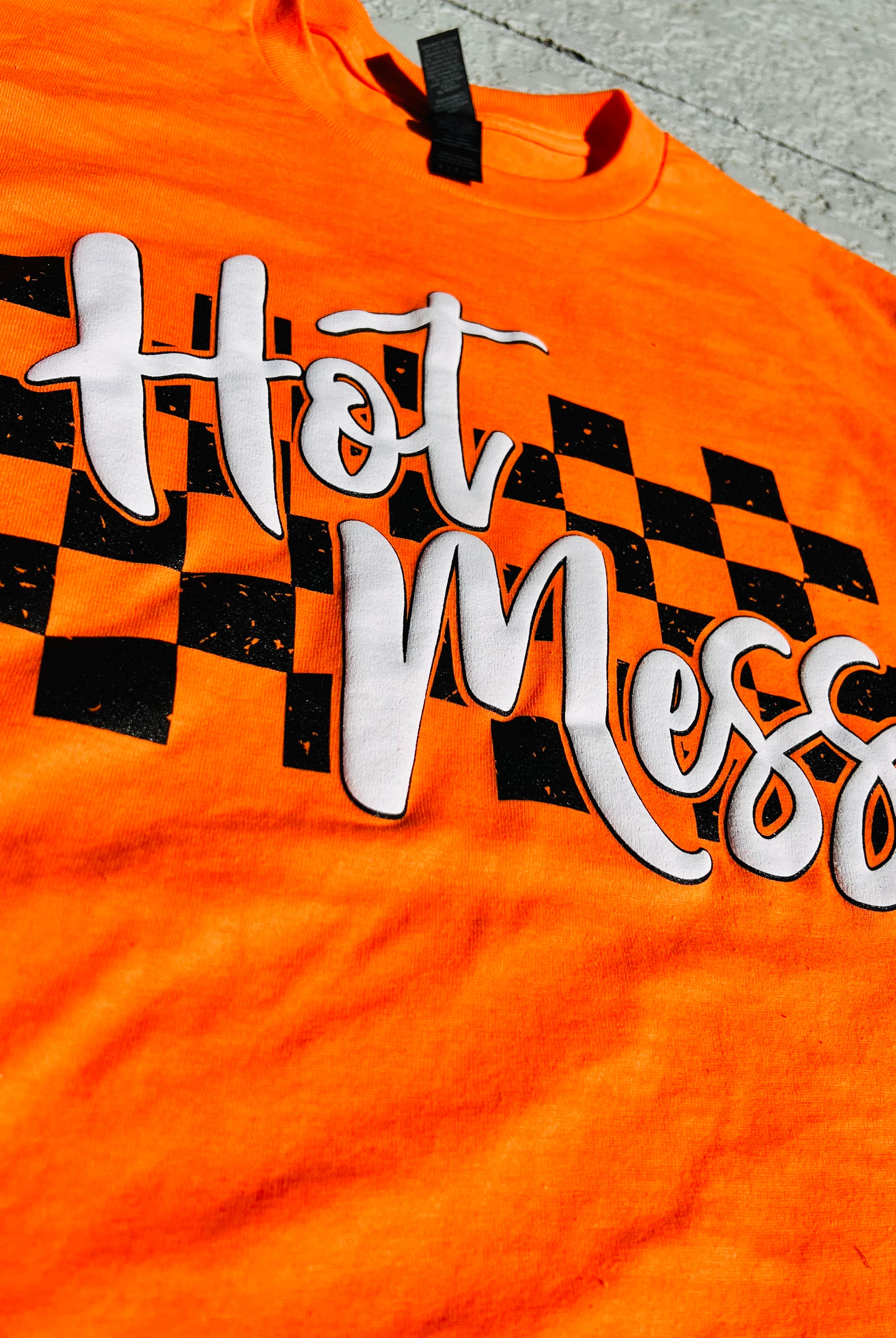Hot Mess Checkered (Safety Orange)-Graphic Tee- Simply Simpson's Boutique is a Women's Online Fashion Boutique Located in Jupiter, Florida