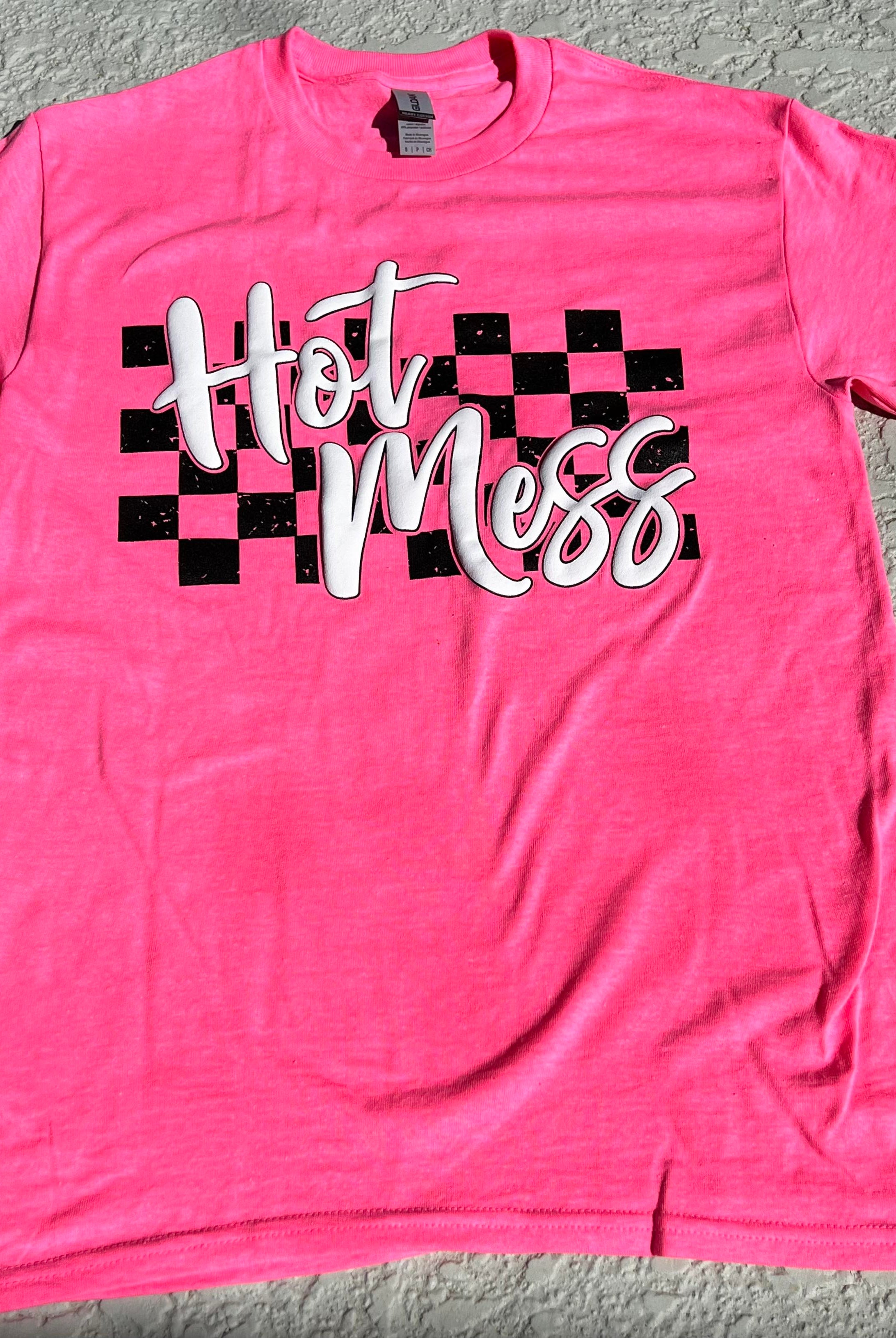 Hot Mess Checkered (Neon PINK)-Graphic Tee- Simply Simpson's Boutique is a Women's Online Fashion Boutique Located in Jupiter, Florida