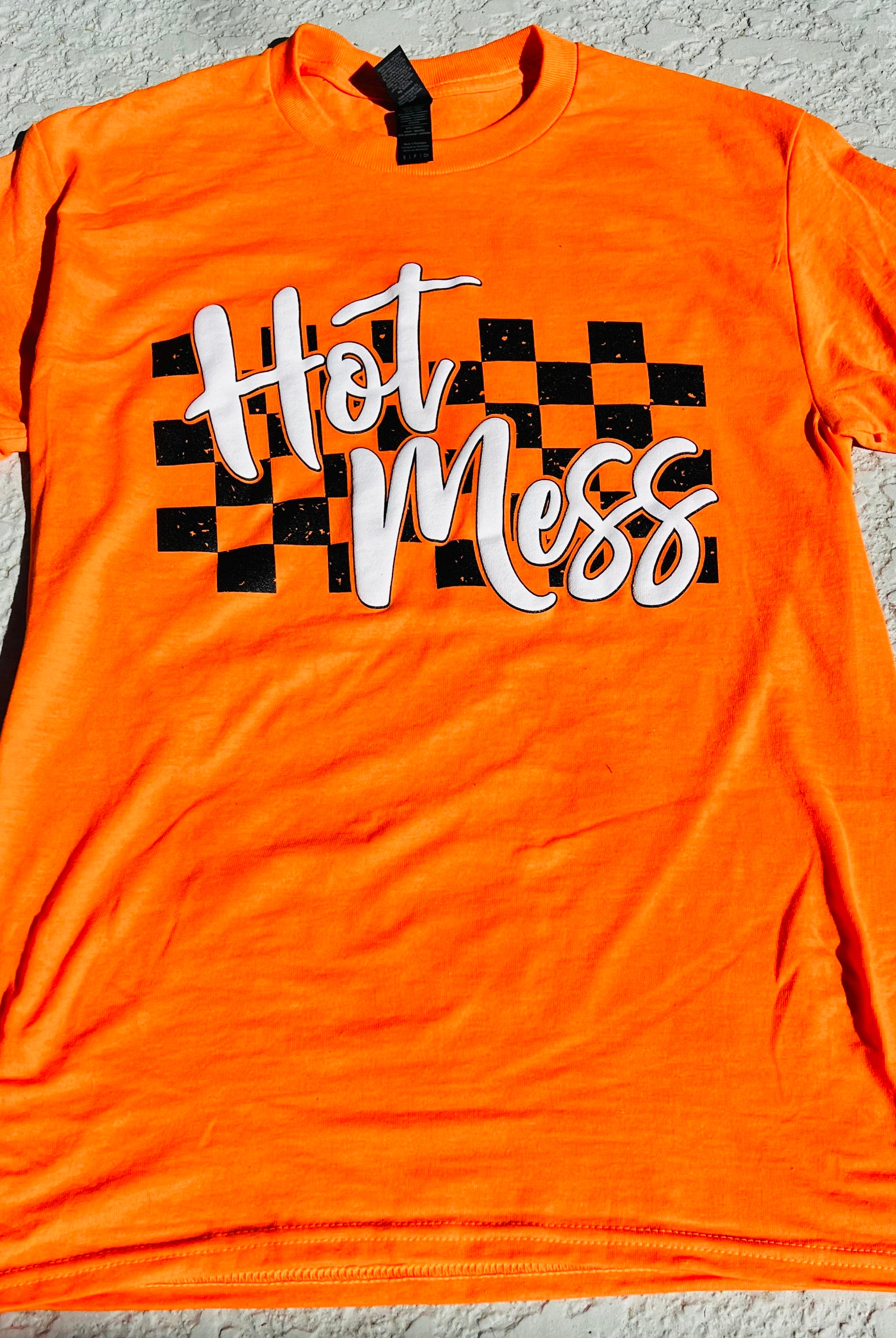Hot Mess Checkered (Safety Orange)-Graphic Tee- Simply Simpson's Boutique is a Women's Online Fashion Boutique Located in Jupiter, Florida