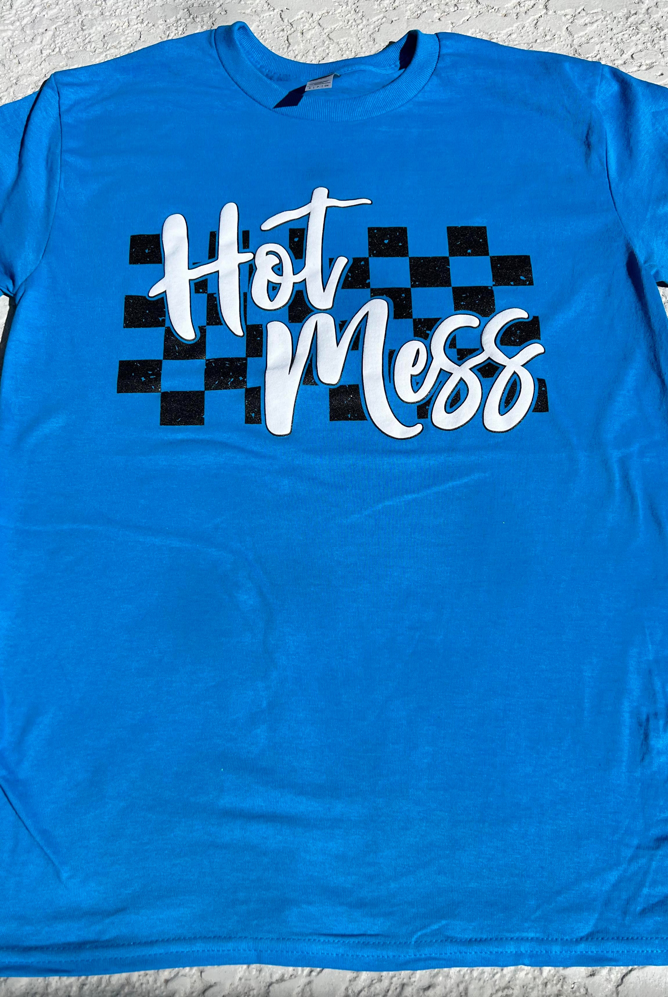 Hot Mess Checkered (Sapphire Blue)-Graphic Tee- Simply Simpson's Boutique is a Women's Online Fashion Boutique Located in Jupiter, Florida