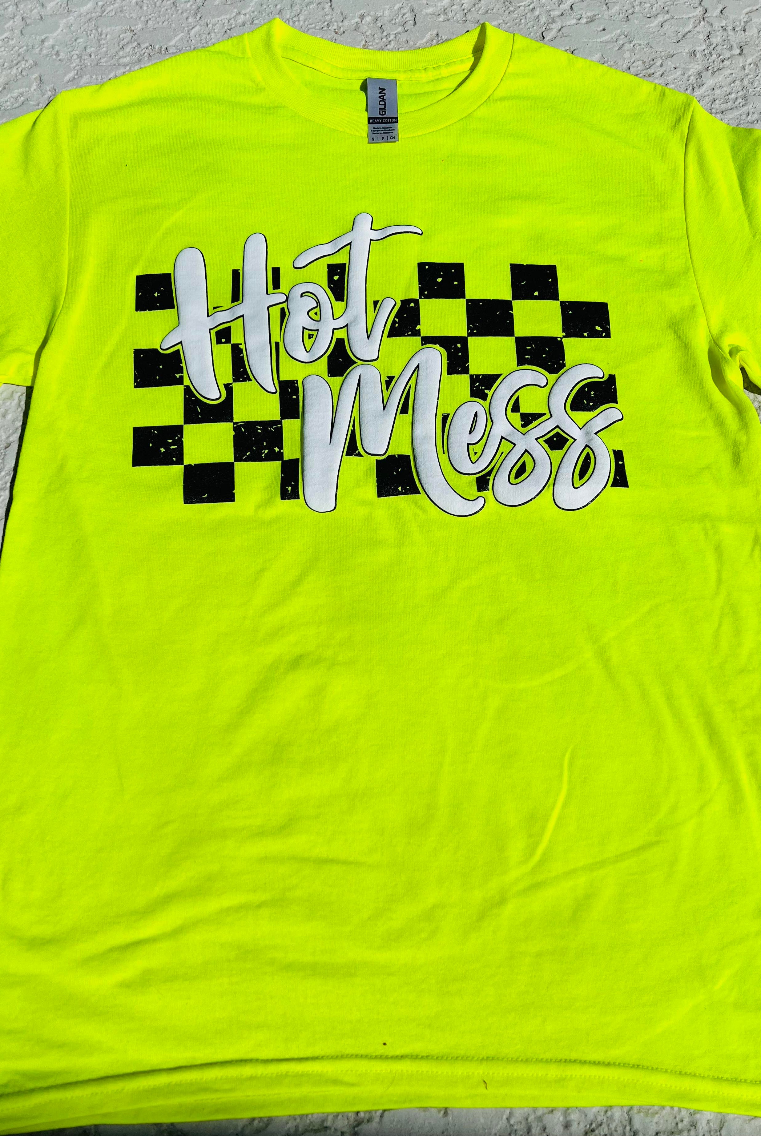 Hot Mess Checkered (Safety Green)-Graphic Tee- Simply Simpson's Boutique is a Women's Online Fashion Boutique Located in Jupiter, Florida