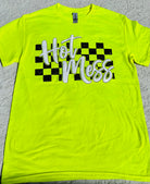 Hot Mess Checkered (Safety Green)-Graphic Tee- Simply Simpson's Boutique is a Women's Online Fashion Boutique Located in Jupiter, Florida