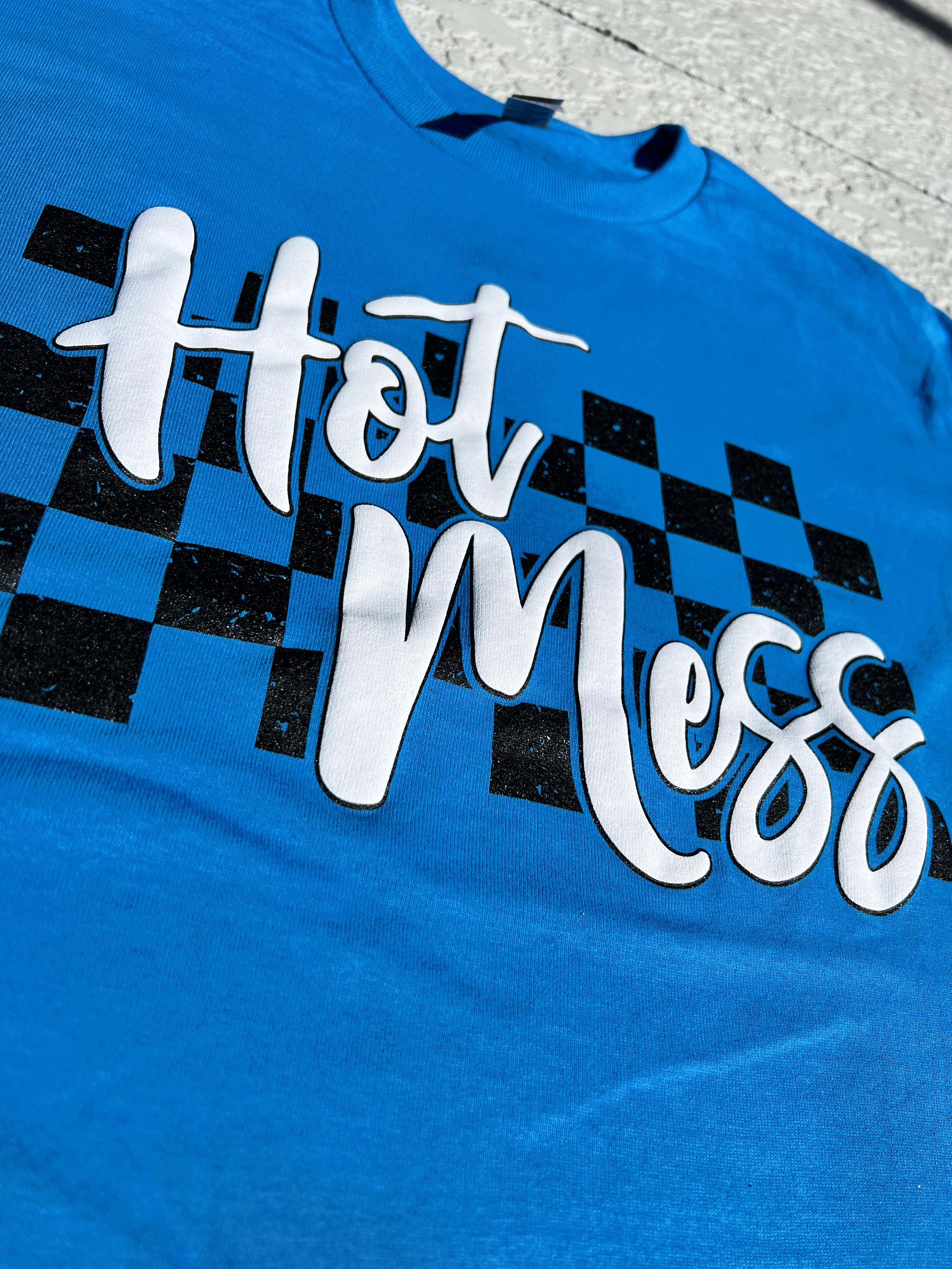 Hot Mess Checkered (Sapphire Blue)-Graphic Tee- Simply Simpson's Boutique is a Women's Online Fashion Boutique Located in Jupiter, Florida
