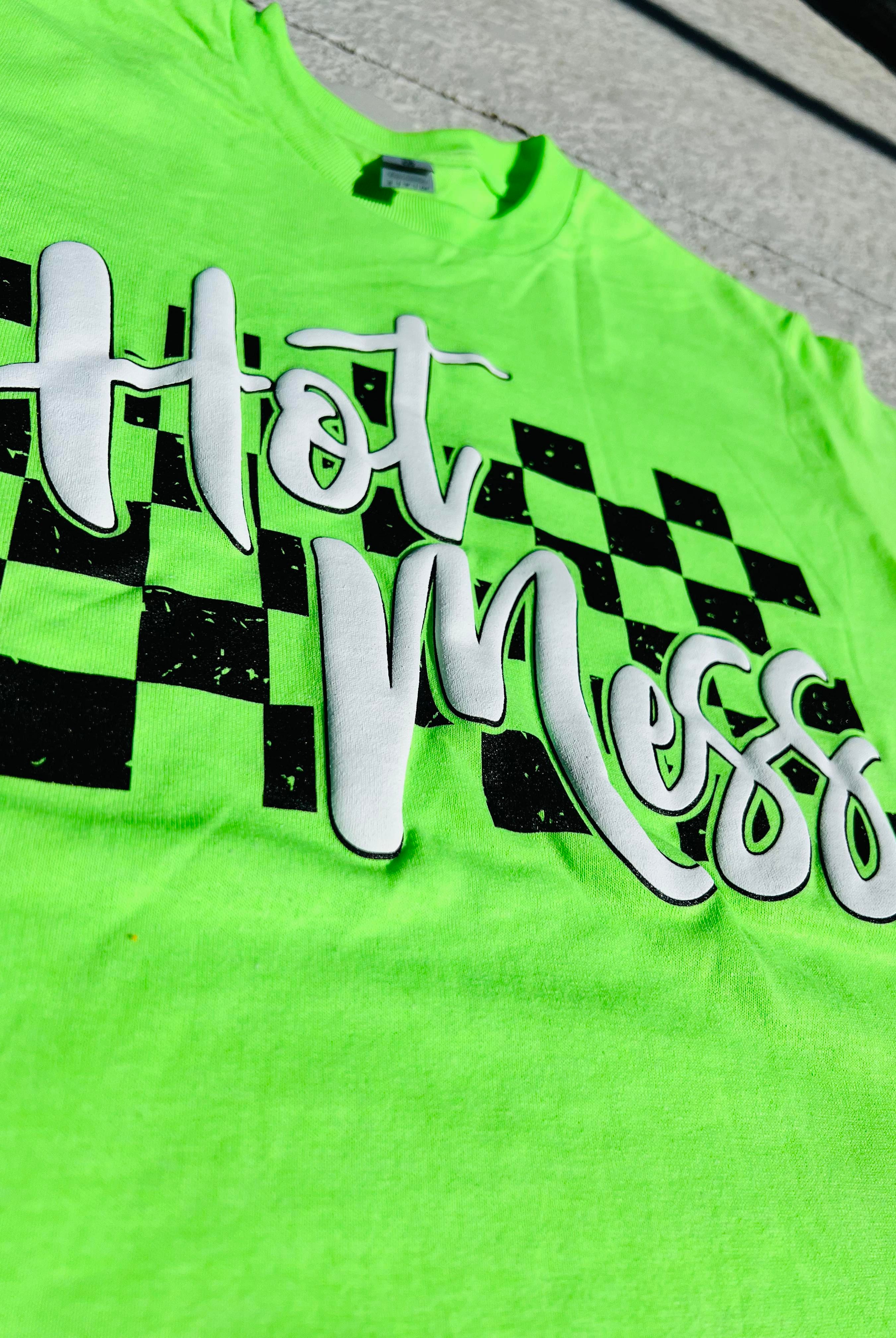 Hot Mess Checkered (Neon Green)-Graphic Tee- Simply Simpson's Boutique is a Women's Online Fashion Boutique Located in Jupiter, Florida