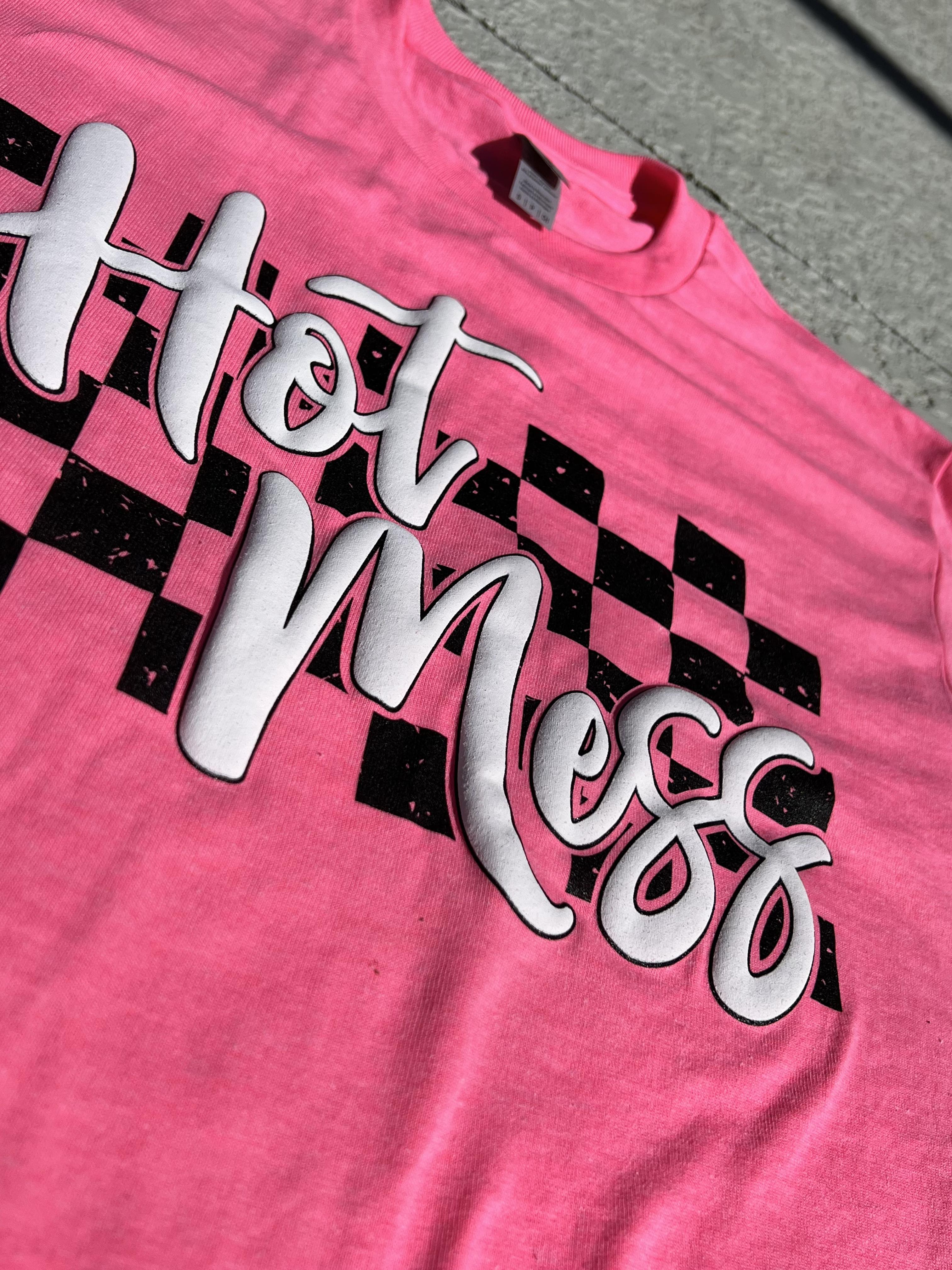 Hot Mess Checkered (Neon PINK)-Graphic Tee- Simply Simpson's Boutique is a Women's Online Fashion Boutique Located in Jupiter, Florida
