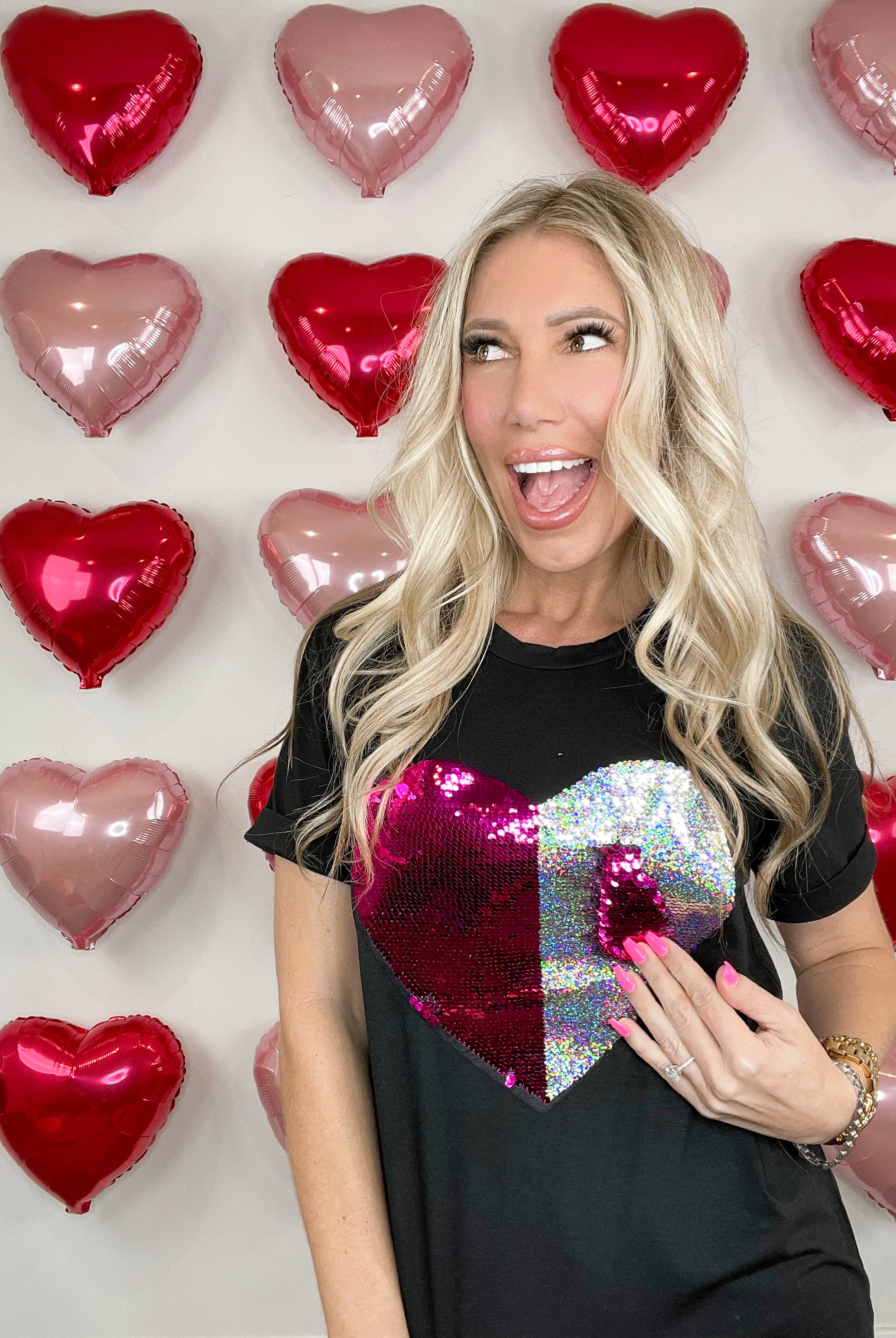Black Two Tone Sequin Heart Graphic Tee-140 Graphic Tees- Simply Simpson's Boutique is a Women's Online Fashion Boutique Located in Jupiter, Florida