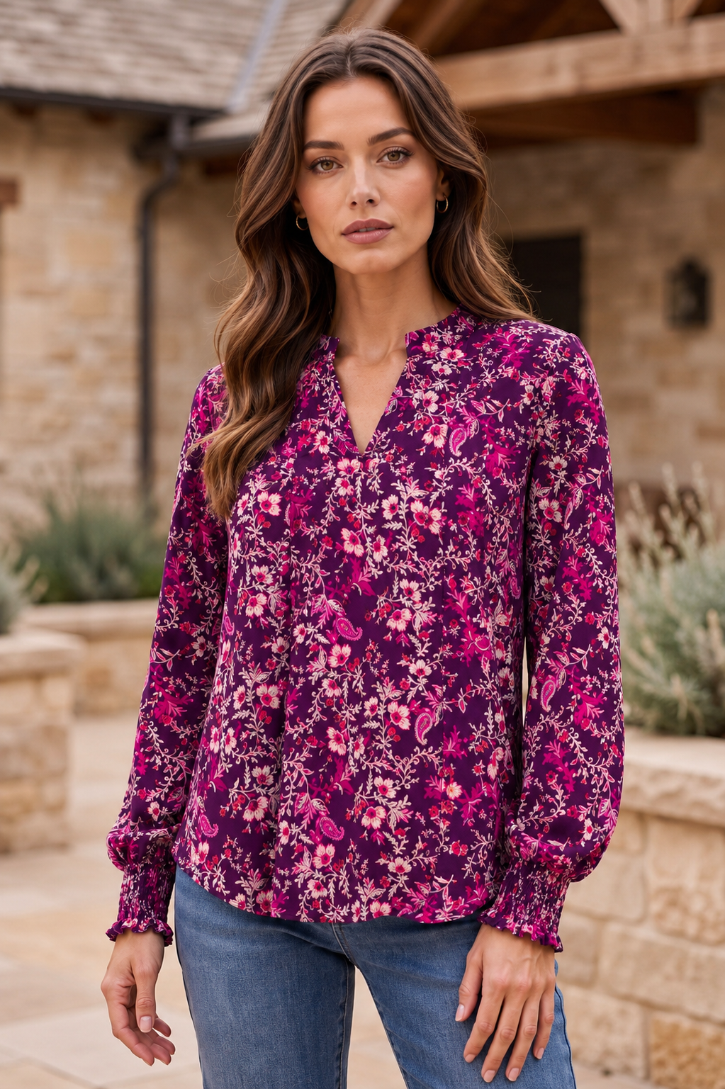 Dear Scarlett Plum Petals Smocked Sleeve Lizzy