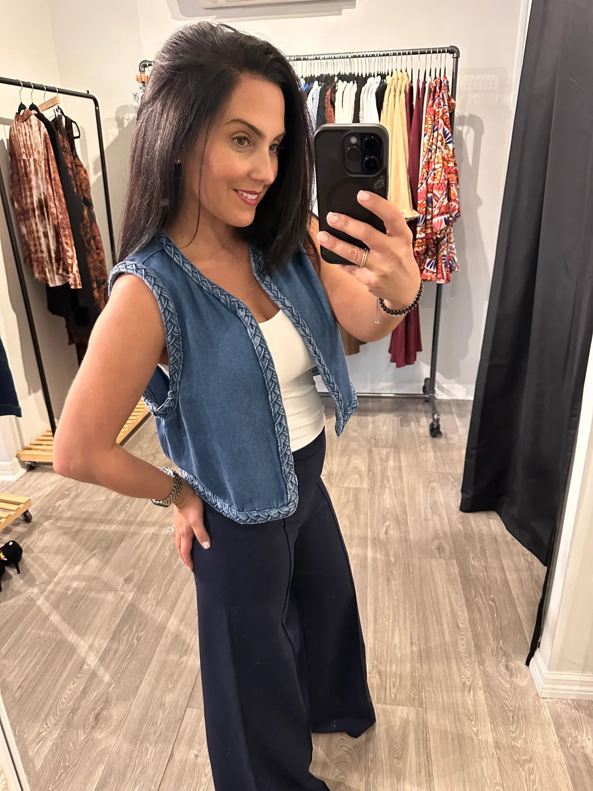 Fellcity Braided Denim Short Vest- Simply Simpson's Boutique is a Women's Online Fashion Boutique Located in Jupiter, Florida