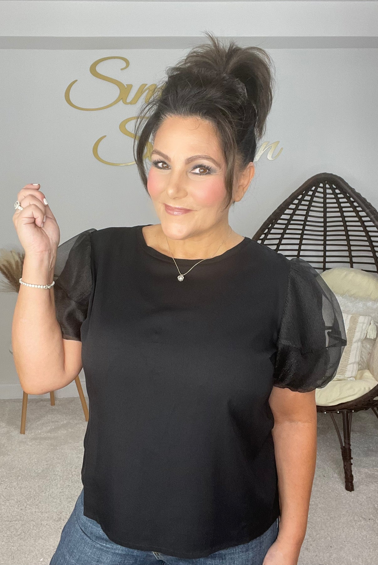 Black Organza Sleeve Top-100 Short Sleeves- Simply Simpson's Boutique is a Women's Online Fashion Boutique Located in Jupiter, Florida