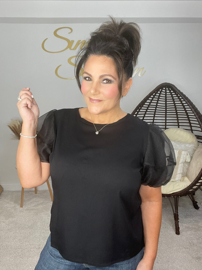 Black Organza Sleeve Top-100 Short Sleeves- Simply Simpson's Boutique is a Women's Online Fashion Boutique Located in Jupiter, Florida