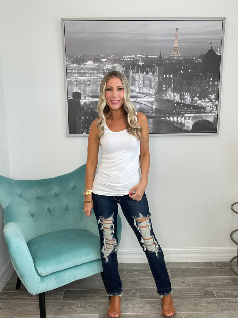 Judy Blue Mid Rise Heavy Distressed Straight Leg Jeans- Simply Simpson's Boutique is a Women's Online Fashion Boutique Located in Jupiter, Florida