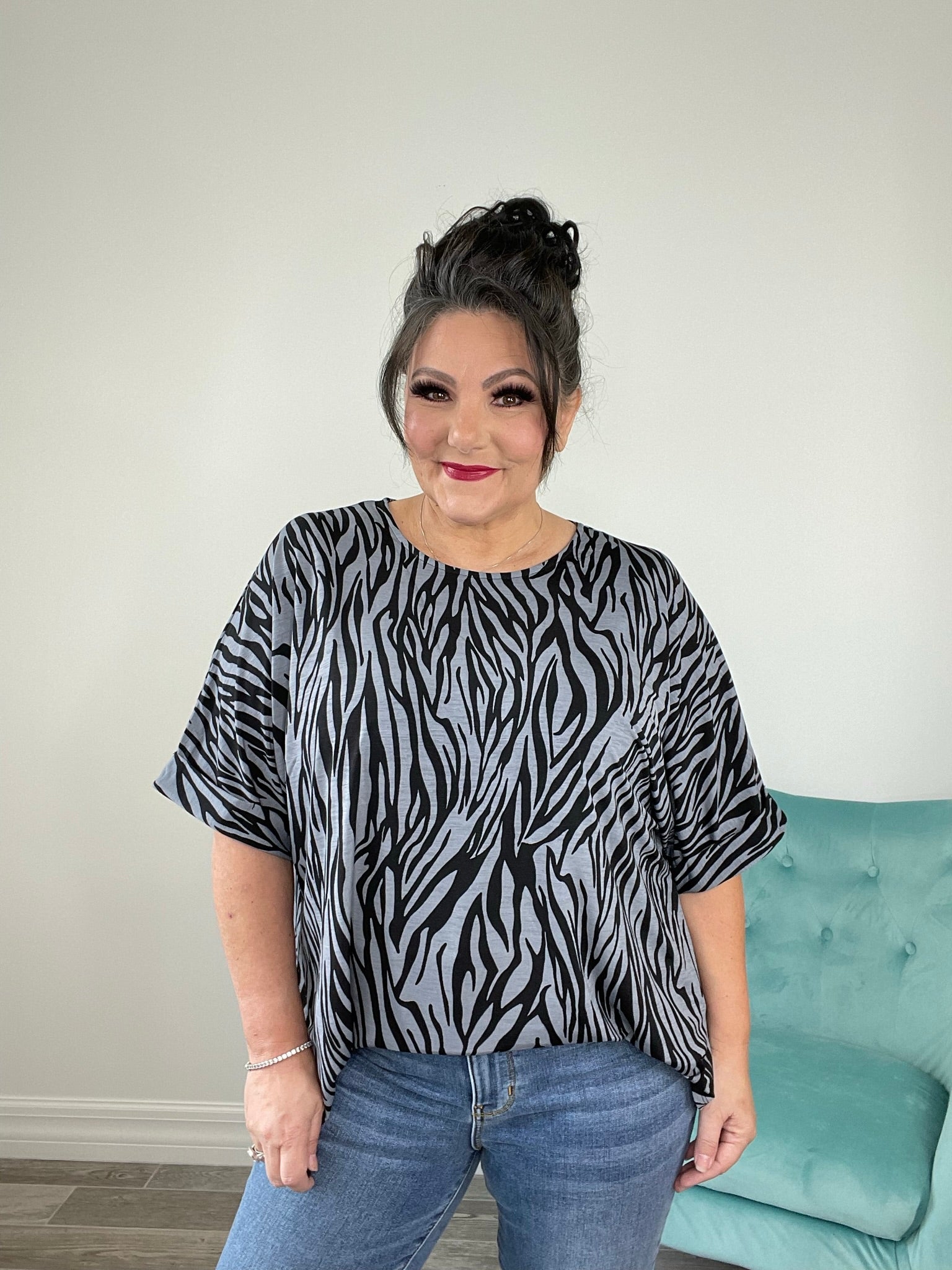 Dear Scarlett Black Grey Zebra Print Boyfriend Top-110 Long Sleeves- Simply Simpson's Boutique is a Women's Online Fashion Boutique Located in Jupiter, Florida