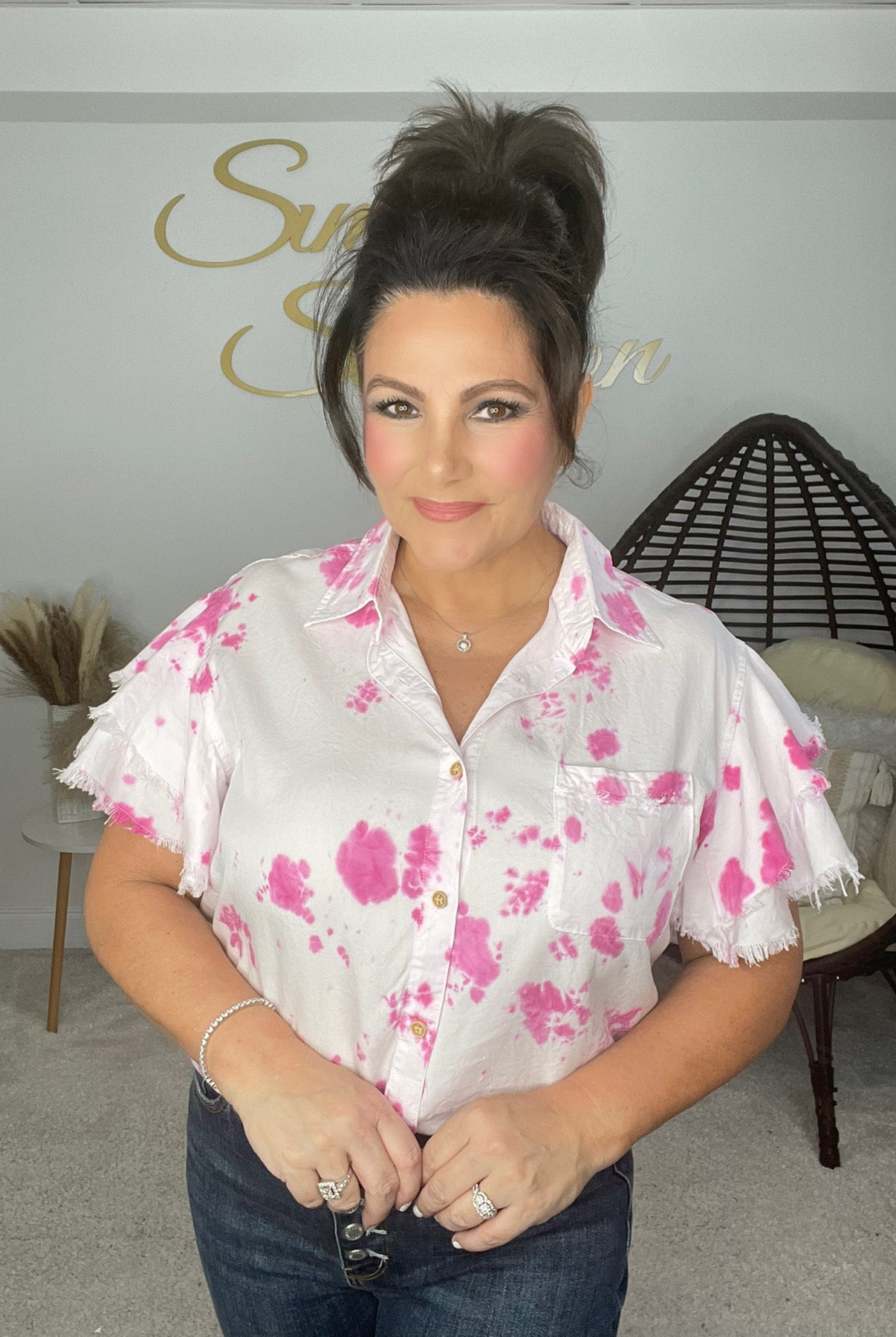 Pink Tie Dye Fray Sleeve Button Down Top-100 Short Sleeves- Simply Simpson's Boutique is a Women's Online Fashion Boutique Located in Jupiter, Florida