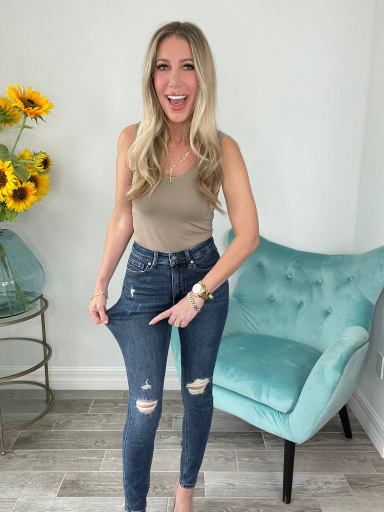 Judy Blue Need A Favor Mid Rise Tummy Control Distressed Skinny Jeans-200 Jeans- Simply Simpson's Boutique is a Women's Online Fashion Boutique Located in Jupiter, Florida