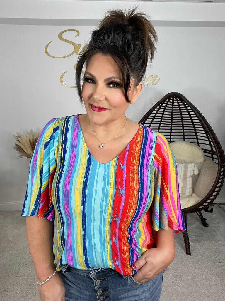 Dear Scarlett Multi Bright Stripe Drape Sleeve Top-100 Short Sleeves- Simply Simpson's Boutique is a Women's Online Fashion Boutique Located in Jupiter, Florida