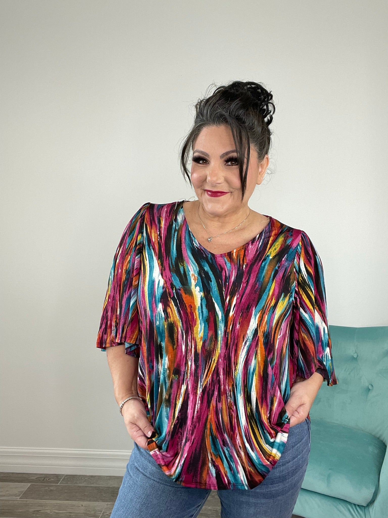 Dear Scarlett Multicolor Drape Sleeve Top-100 Short Sleeves- Simply Simpson's Boutique is a Women's Online Fashion Boutique Located in Jupiter, Florida